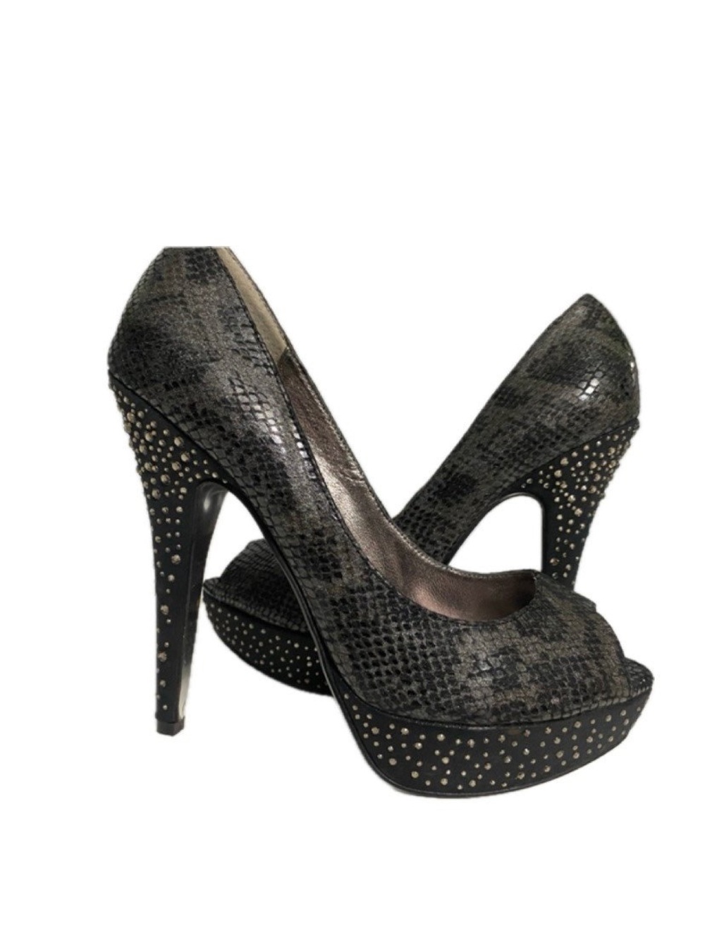Studded Black Snakeskin Peep-Toe Platform Heels
